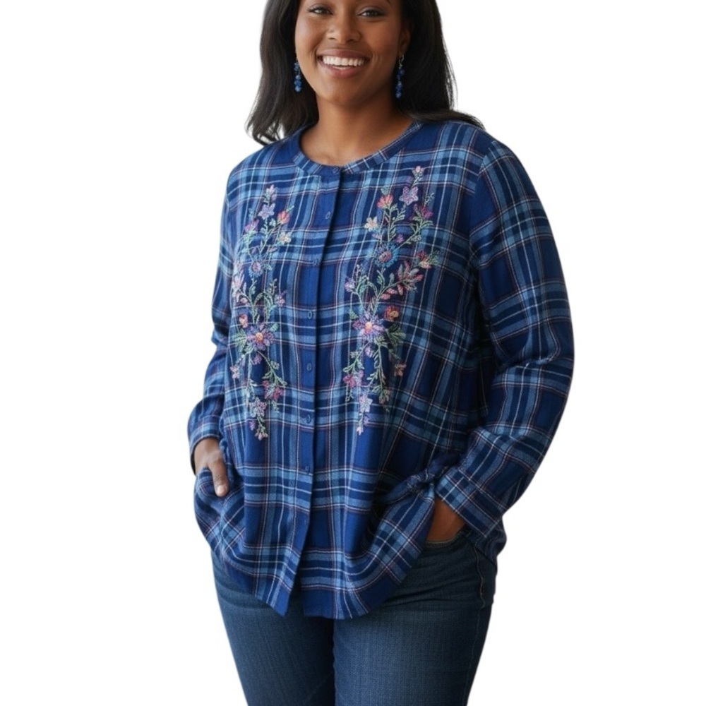 Pioneer Woman XXL Blue Plaid Embroidered Shirt Cottagecore